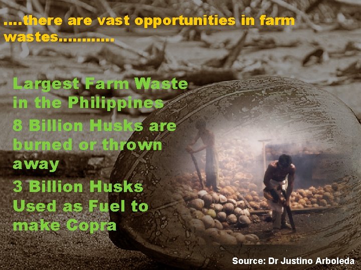 . …there are vast opportunities in farm wastes………… Largest Farm Waste in the Philippines