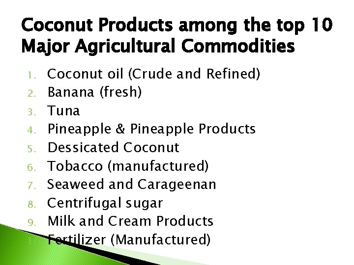 Coconut Products among the top 10 Major Agricultural Commodities 1. 2. 3. 4. 5.