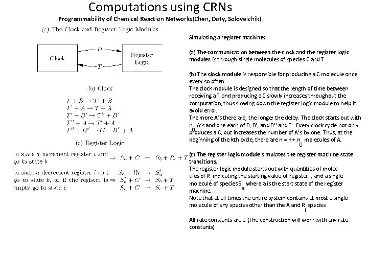 Computations using CRNs Programmability of Chemical Reaction Networks(Chen, Doty, Soloveichik) Simulating a register machine: