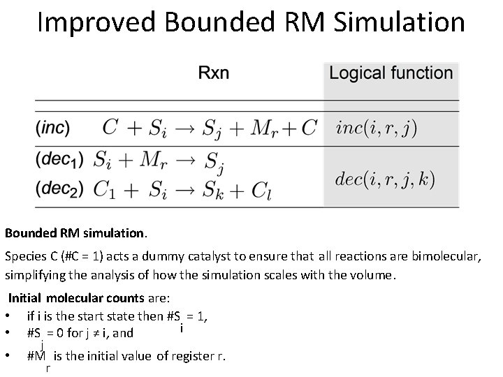 Improved Bounded RM Simulation Bounded RM simulation. Species C (#C = 1) acts a