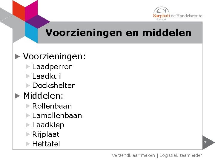 Voorzieningen en middelen Voorzieningen: Laadperron Laadkuil Dockshelter Middelen: Rollenbaan Lamellenbaan Laadklep Rijplaat Heftafel 3