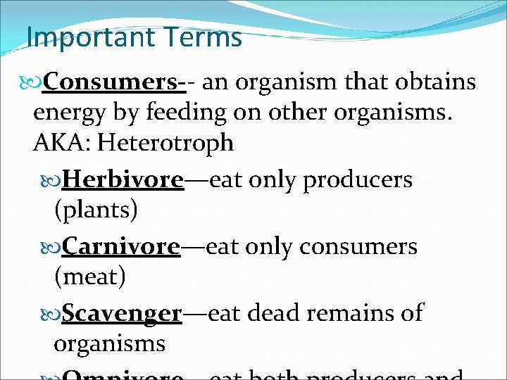 Important Terms Consumers-- an organism that obtains energy by feeding on other organisms. AKA: