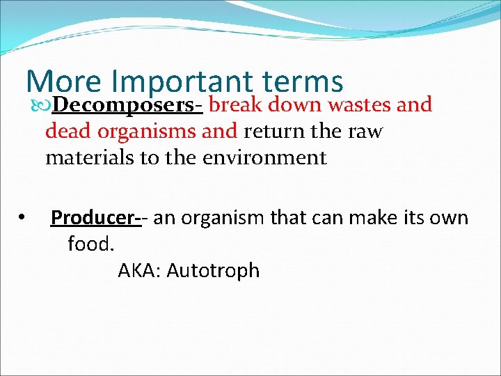 More Important terms Decomposers- break down wastes and dead organisms and return the raw