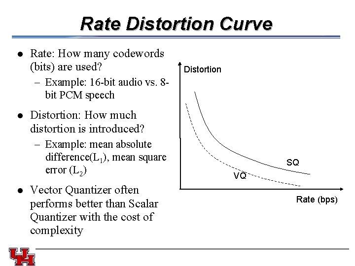 Rate Distortion Curve l Rate: How many codewords (bits) are used? Distortion – Example: