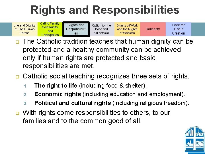 Rights and Responsibilities Life and Dignity of The Human Person q q Rights and