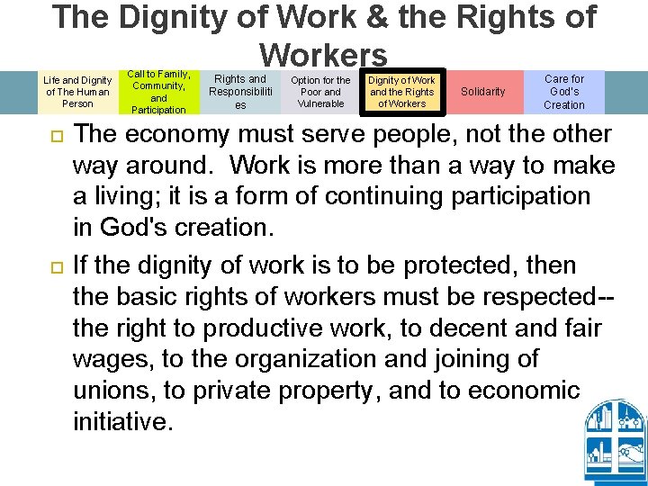 The Dignity of Work & the Rights of Workers Life and Dignity of The