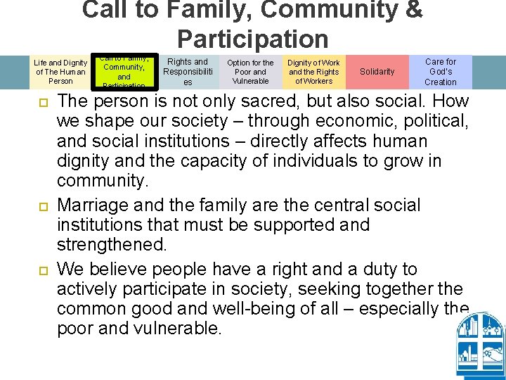 Call to Family, Community & Participation Life and Dignity of The Human Person Call