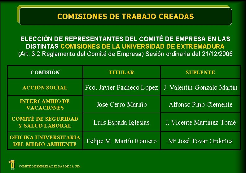 COMISIONES DE TRABAJO CREADAS ELECCIÓN DE REPRESENTANTES DEL COMITÉ DE EMPRESA EN LAS DISTINTAS