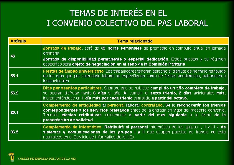 TEMAS DE INTERÉS EN EL I CONVENIO COLECTIVO DEL PAS LABORAL Artículo Tema relacionado