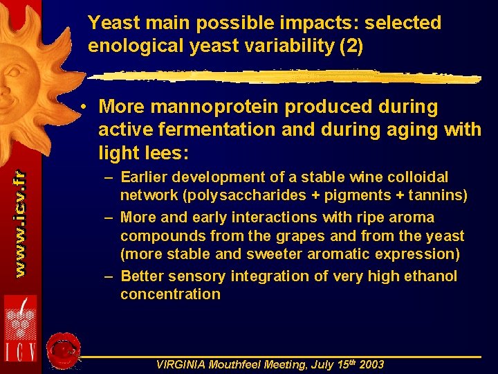 Yeast main possible impacts: selected enological yeast variability (2) • More mannoprotein produced during