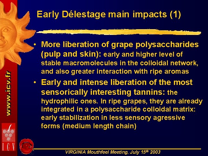 Early Délestage main impacts (1) • More liberation of grape polysaccharides (pulp and skin):