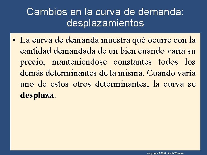 Cambios en la curva de demanda: desplazamientos • La curva de demanda muestra qué
