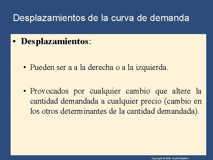 Desplazamientos de la curva de demanda • Desplazamientos: • Pueden ser a a la