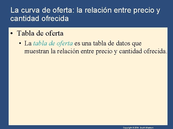 La curva de oferta: la relación entre precio y cantidad ofrecida • Tabla de