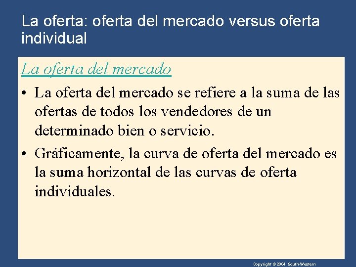 La oferta: oferta del mercado versus oferta individual La oferta del mercado • La