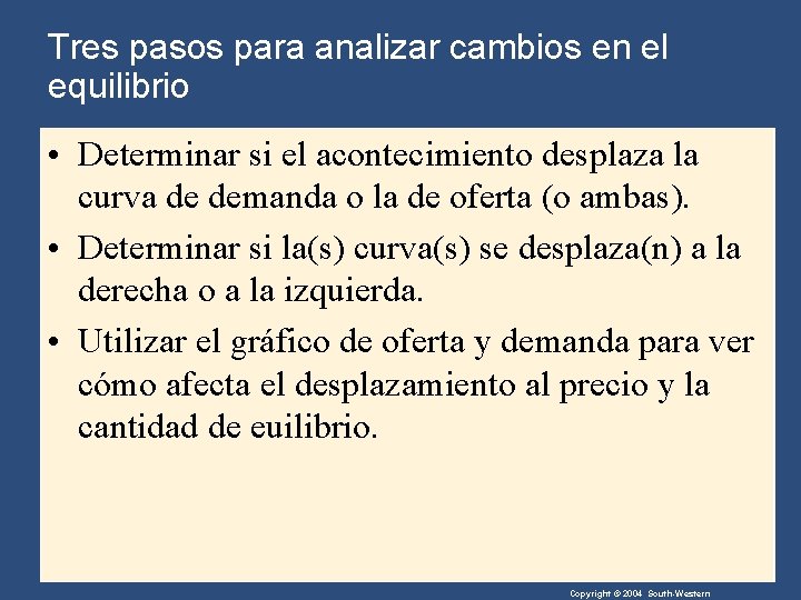 Tres pasos para analizar cambios en el equilibrio • Determinar si el acontecimiento desplaza