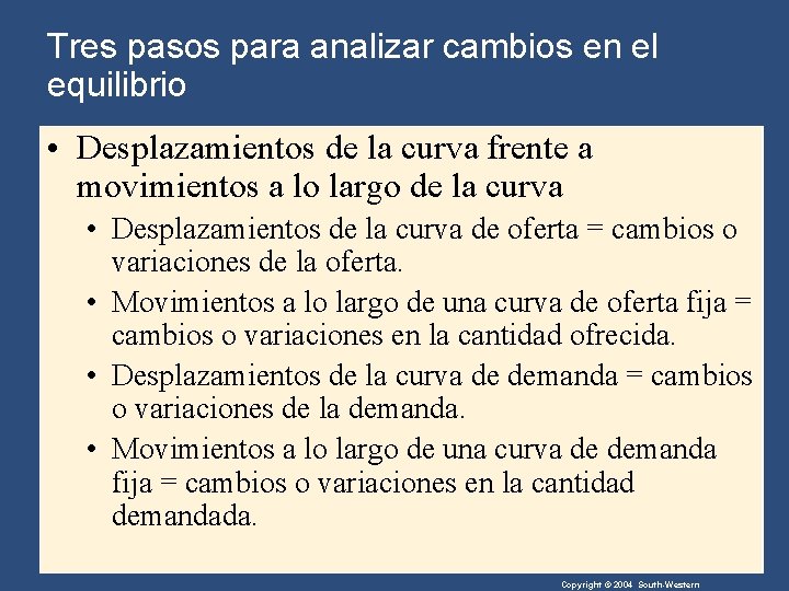 Tres pasos para analizar cambios en el equilibrio • Desplazamientos de la curva frente