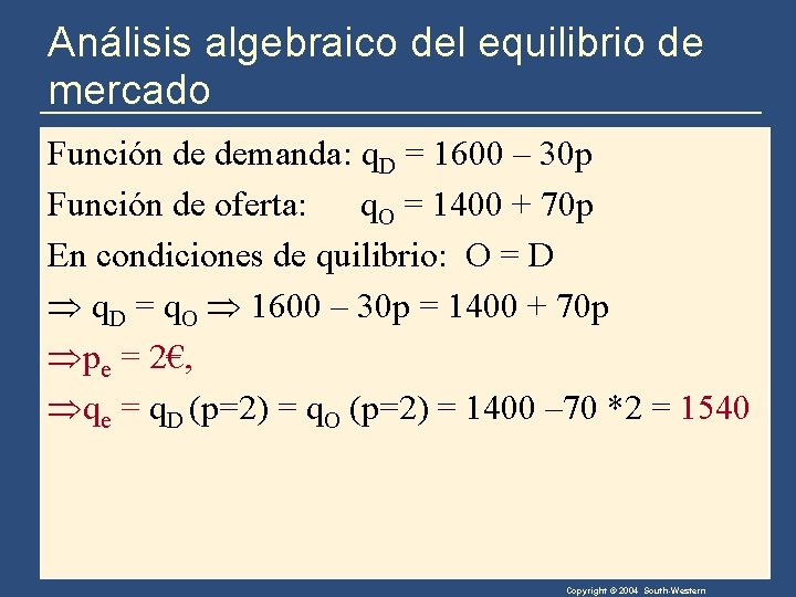 Análisis algebraico del equilibrio de mercado Función de demanda: q. D = 1600 –