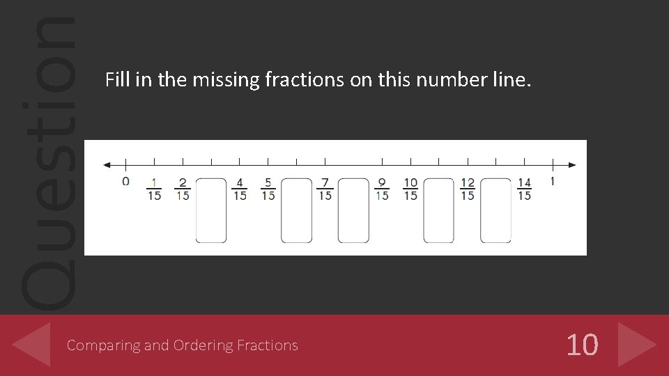 Question Fill in the missing fractions on this number line. Comparing and Ordering Fractions