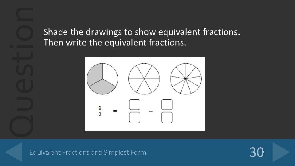Question Shade the drawings to show equivalent fractions. Then write the equivalent fractions. Equivalent