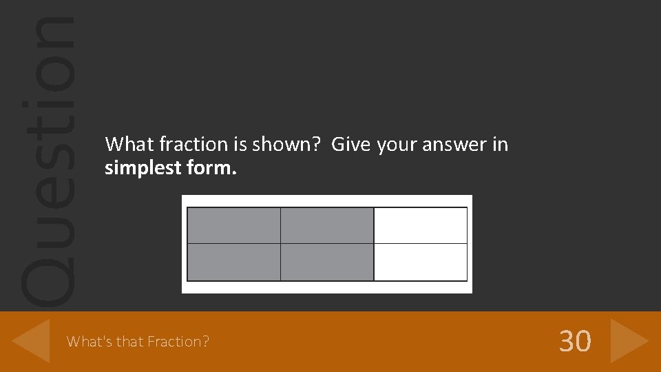 Question What fraction is shown? Give your answer in simplest form. What's that Fraction?