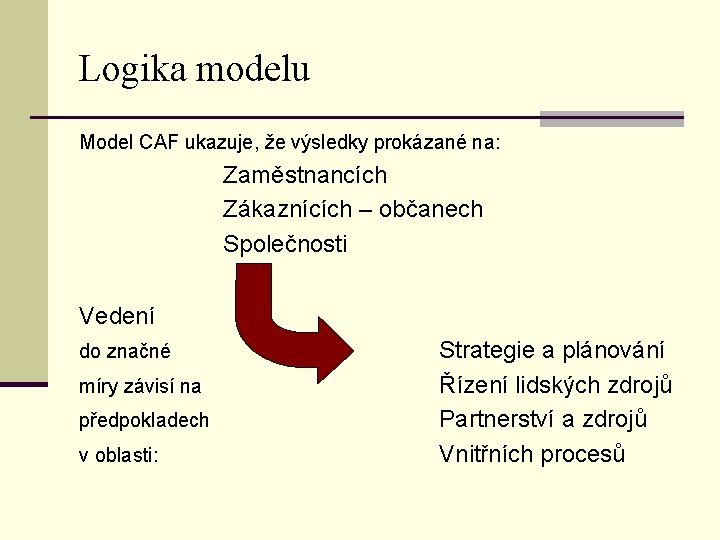 Logika modelu Model CAF ukazuje, že výsledky prokázané na: Zaměstnancích Zákaznících – občanech Společnosti