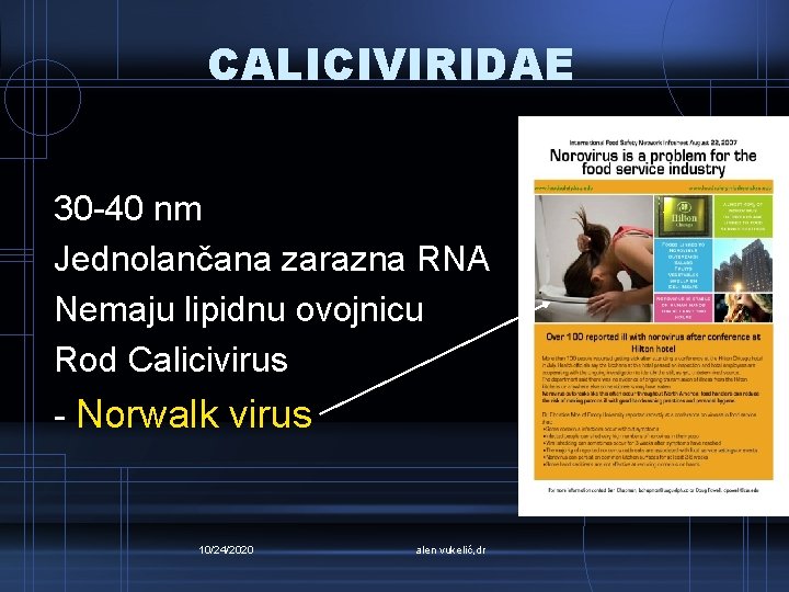 CALICIVIRIDAE 30 -40 nm Jednolančana zarazna RNA Nemaju lipidnu ovojnicu Rod Calicivirus - Norwalk