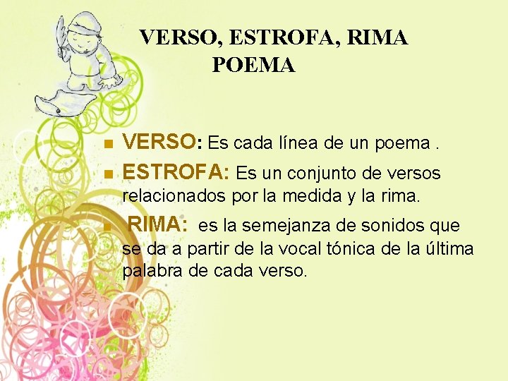 VERSO, ESTROFA, RIMA POEMA n n VERSO: Es cada línea de un poema. ESTROFA: