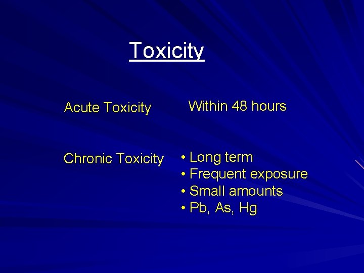 Toxicity Acute Toxicity Within 48 hours Chronic Toxicity • Long term • Frequent exposure