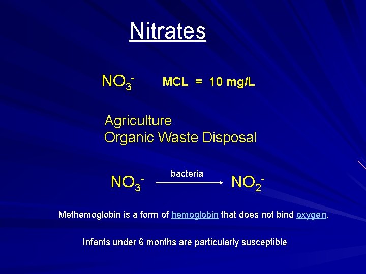 Nitrates NO 3 - MCL = 10 mg/L Agriculture Organic Waste Disposal NO 3