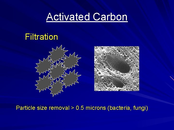 Activated Carbon Filtration Particle size removal > 0. 5 microns (bacteria, fungi) 