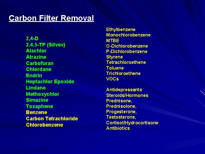 Carbon Filter Removal 2, 4 -D 2. 4. 5 -TP (Silvex) Alachlor Atrazine Carbofuran