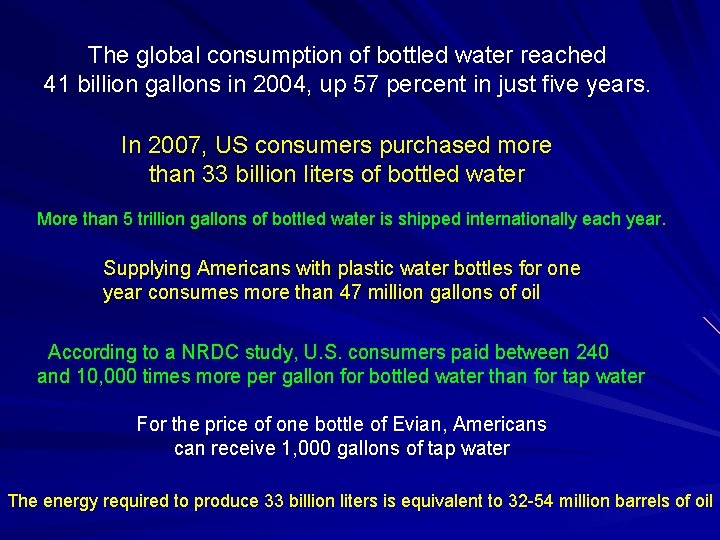 The global consumption of bottled water reached 41 billion gallons in 2004, up 57