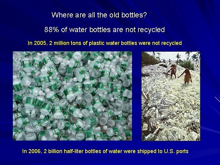 Where all the old bottles? 88% of water bottles are not recycled In 2005,