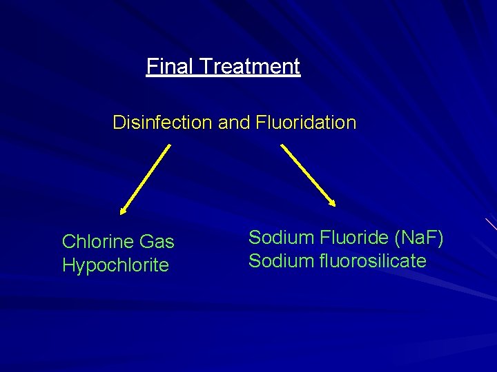 Final Treatment Disinfection and Fluoridation Chlorine Gas Hypochlorite Sodium Fluoride (Na. F) Sodium fluorosilicate