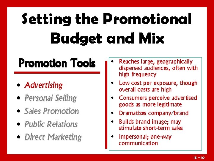 Setting the Promotional Budget and Mix Promotion Tools • Advertising • Personal Selling •