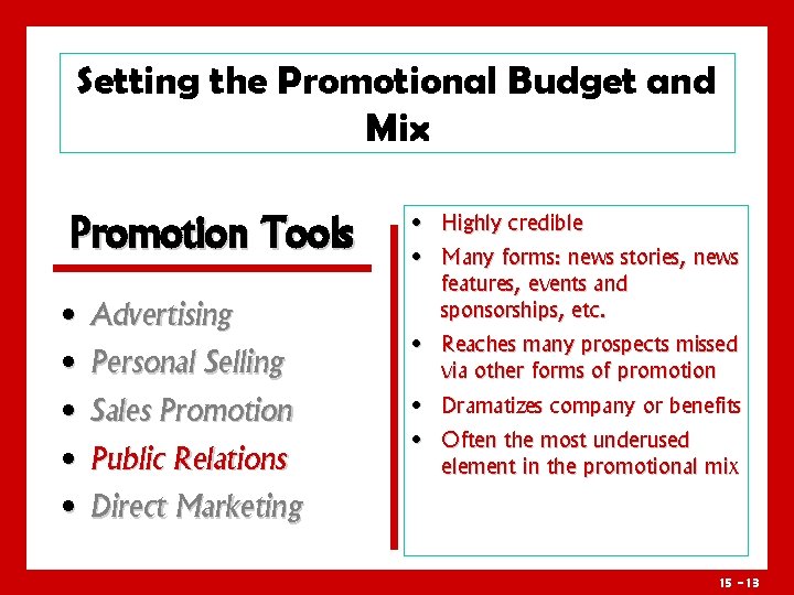 Setting the Promotional Budget and Mix Promotion Tools • Advertising • Personal Selling •