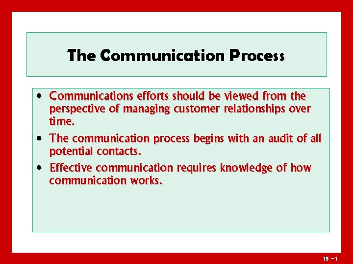 The Communication Process • Communications efforts should be viewed from the perspective of managing