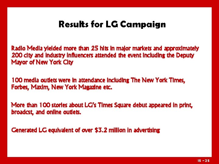 Results for LG Campaign Radio Media yielded more than 25 hits in major markets