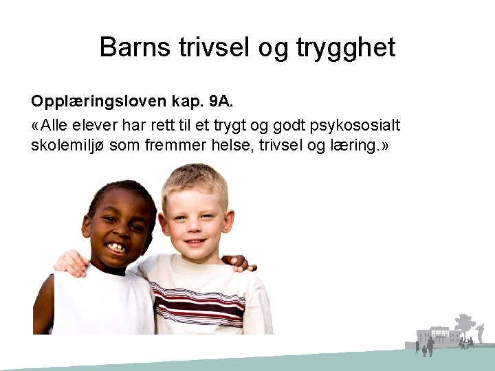 Barns trivsel og trygghet Opplæringsloven kap. 9 A. «Alle elever har rett til et