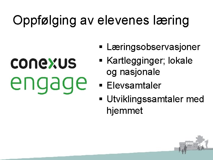 Oppfølging av elevenes læring § Læringsobservasjoner § Kartlegginger; lokale og nasjonale § Elevsamtaler §