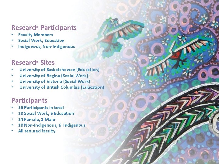 Research Participants • • • Faculty Members Social Work, Education Indigenous, Non-Indigenous Research Sites
