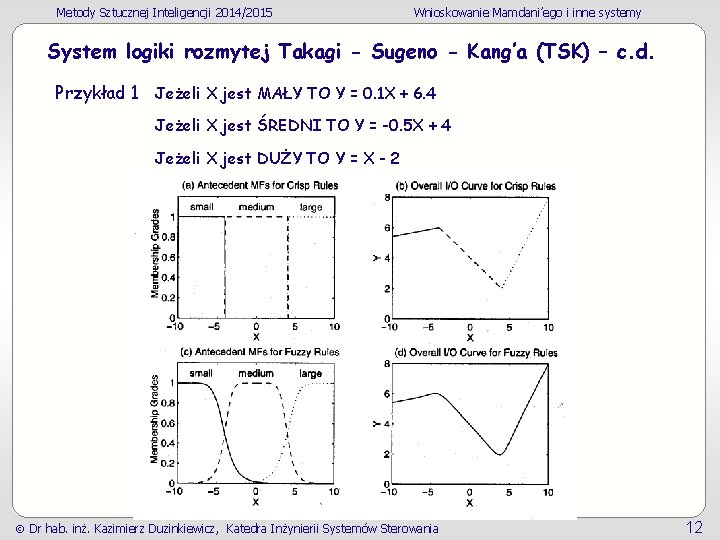 Metody Sztucznej Inteligencji 2014/2015 Wnioskowanie Mamdani’ego i inne systemy System logiki rozmytej Takagi -