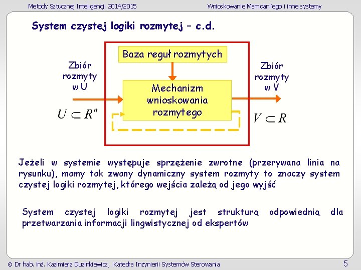 Metody Sztucznej Inteligencji 2014/2015 Wnioskowanie Mamdani’ego i inne systemy System czystej logiki rozmytej –