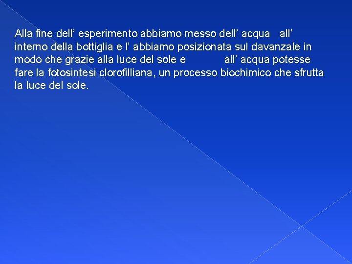 Alla fine dell’ esperimento abbiamo messo dell’ acqua all’ interno della bottiglia e l’