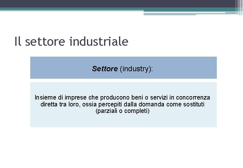 Il settore industriale Settore (industry): Insieme di imprese che producono beni o servizi in