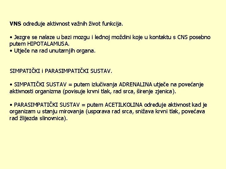 VNS određuje aktivnost važnih život funkcija. • Jezgre se nalaze u bazi mozgu i