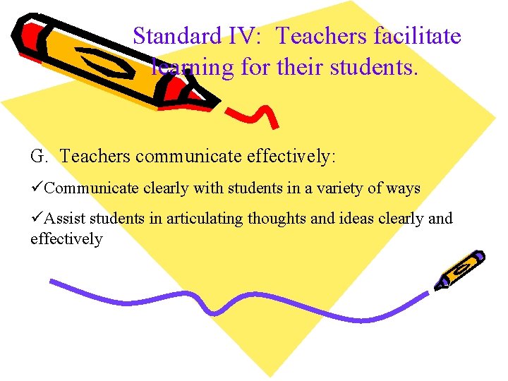 Standard IV: Teachers facilitate learning for their students. G. Teachers communicate effectively: üCommunicate clearly Standard IV: Teachers facilitate learning for their students. G. Teachers communicate effectively: üCommunicate clearly