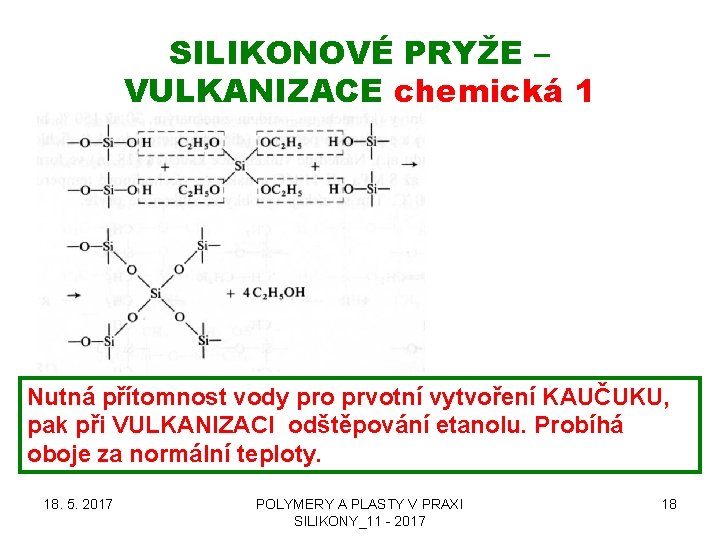 SILIKONOVÉ PRYŽE – VULKANIZACE chemická 1 Nutná přítomnost vody pro prvotní vytvoření KAUČUKU, pak