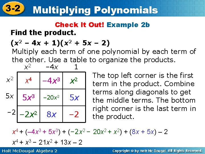 3 -2 Multiplying Polynomials Check It Out! Example 2 b Find the product. (x